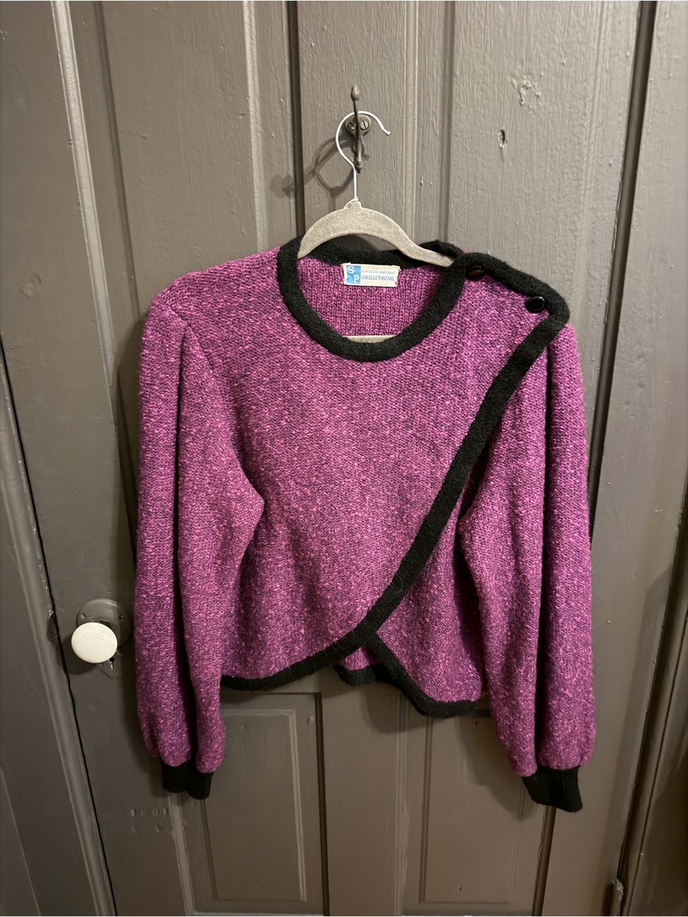 Pendleton Purple Sweater with Black Trim Asymmetrical Button Detail